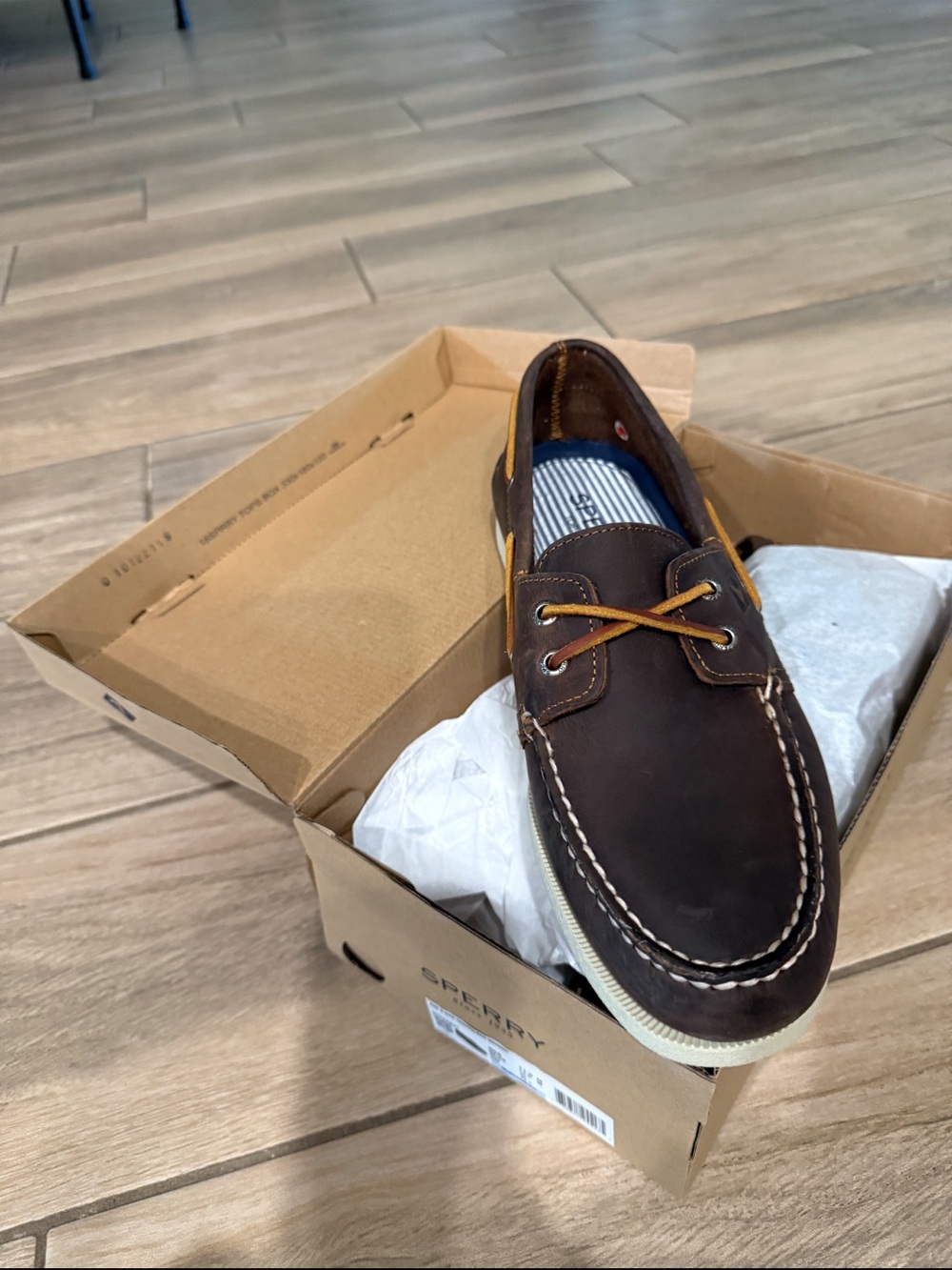 Sperry Dark Brown Leather Moc Toe Boat Shoe with Tan Laces